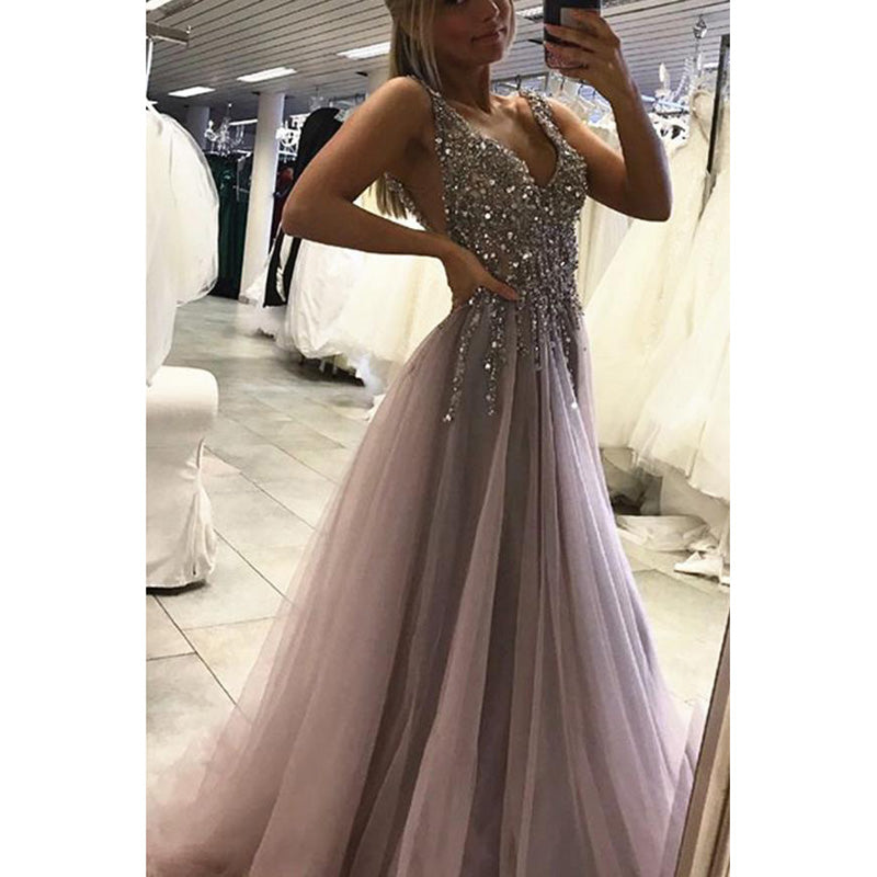 Siaoryne Tulle Mauve grey Long Evening Gowns Sexy Split Prom Dress with Sequins Beading