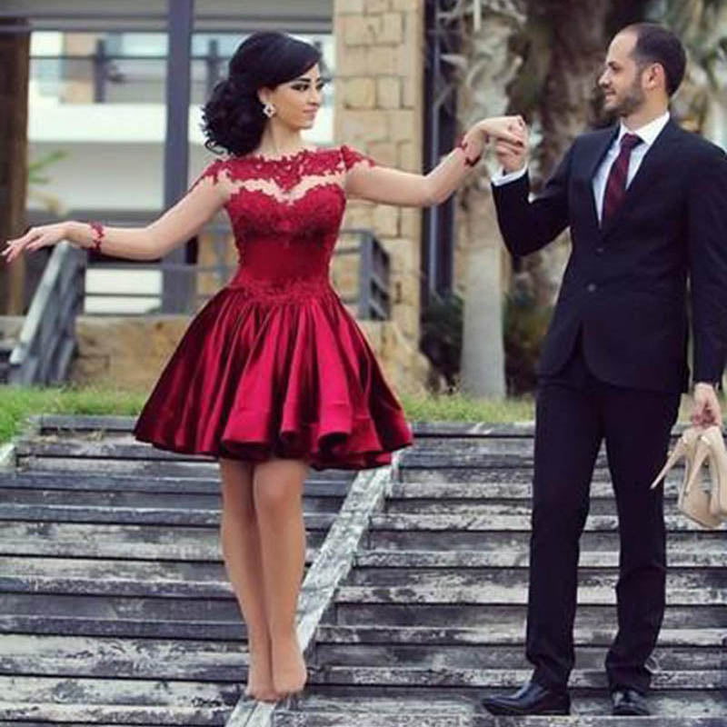 Siaoryne Lone Sleeves Sexy Vestido corto para fiesta de graduación Mini rojo oscuro