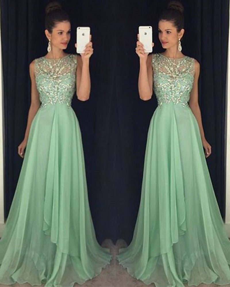 Vestidos de fiesta de noche largos para niñas con cuentas de gasa color menta PL1244