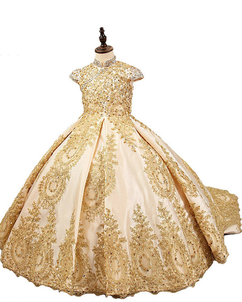 Vestidos de fiesta para niñas pequeñas con apliques de encaje dorado