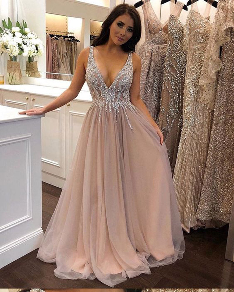 Fashion Champagne Vestido Longo Women Beading Sequins V Neck Evening Party Dress Long