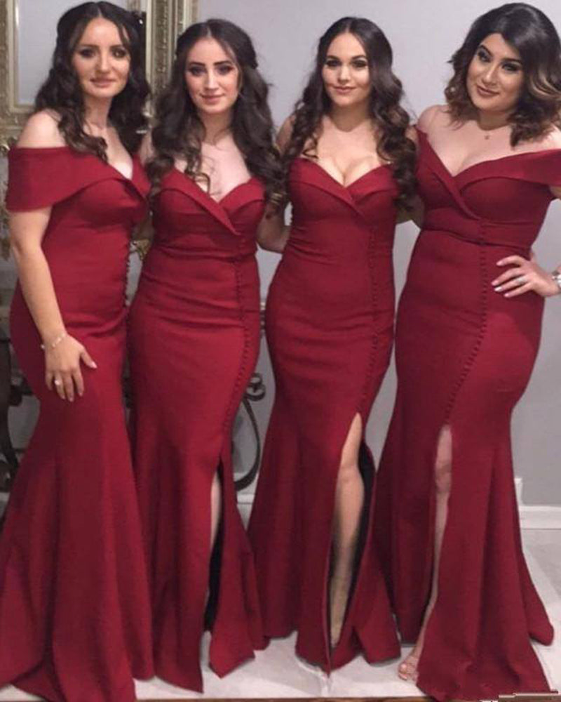 Wine Red Long Slit Fitted Bridesmaid Gown Wedding Party Dresses Burgun Siaoryne Wine Red Long Slit Fitted Bridesmaid Gown Wedding Party Dresses Burgun Siaoryne