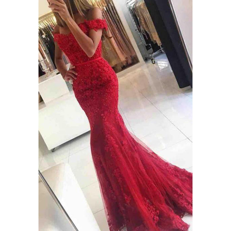Siaoryne LP0903 Robe de bal sexy rouge en dentelle à épaules dénudées Robe de soirée formelle sirène en queue de poisson
