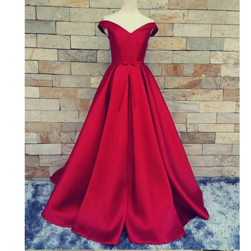Siaoryne LP1004 Vestido de fiesta de satén burdeos con hombros descubiertos, largo, elegante, de corte A, para mujer, vestido de fiesta formal