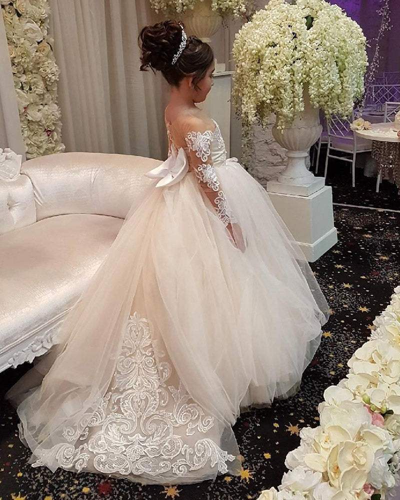 Long Sleeves Lace Ball Gown Flower Girl Dresses with Bow First Communion Girls Dress