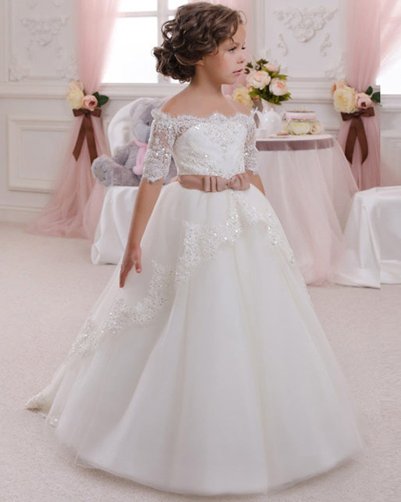 Sweet Short Sleeves A Line Lace Flower Girl Dress Little Girls First Communion Gown SP032