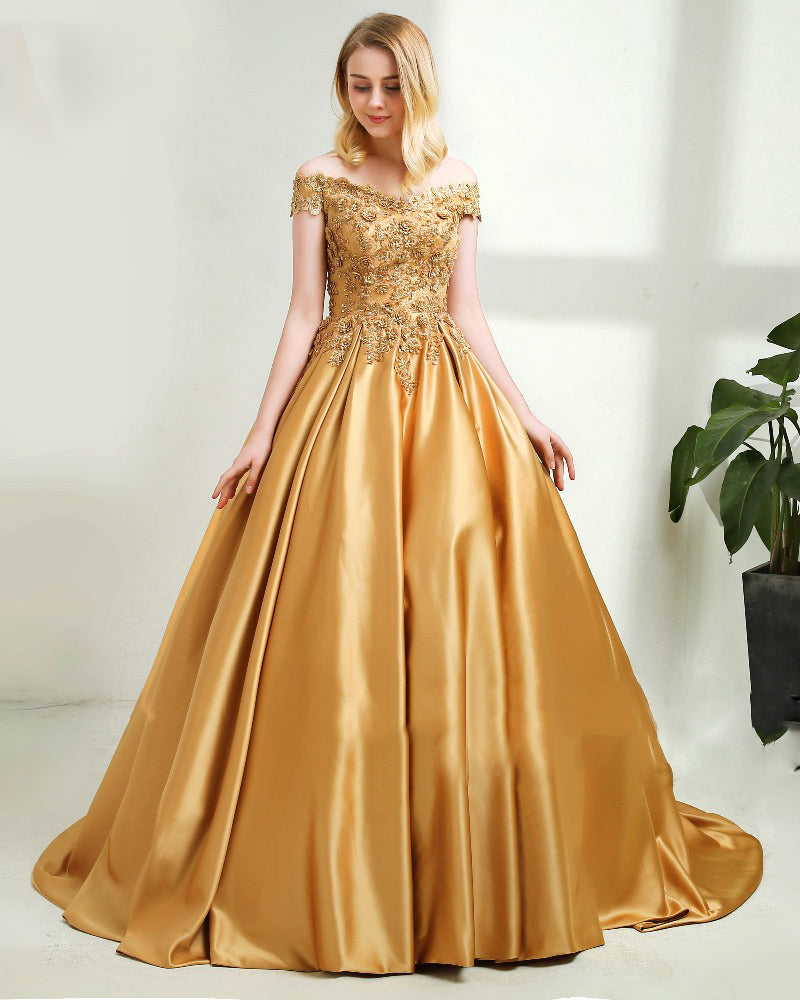 Off the Shoulder Gold Lace Ball Gown Quinceanera Dress for Sweet 16 Wedding Dress with