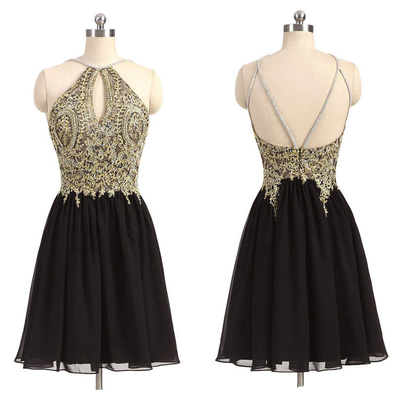 Gold and Black Homecoming Dress Lace Appliqued Short Graduation Gown , Siaoryne Gold and Black Homecoming Dress Lace Appliqued Short Graduation Gown , Siaoryne