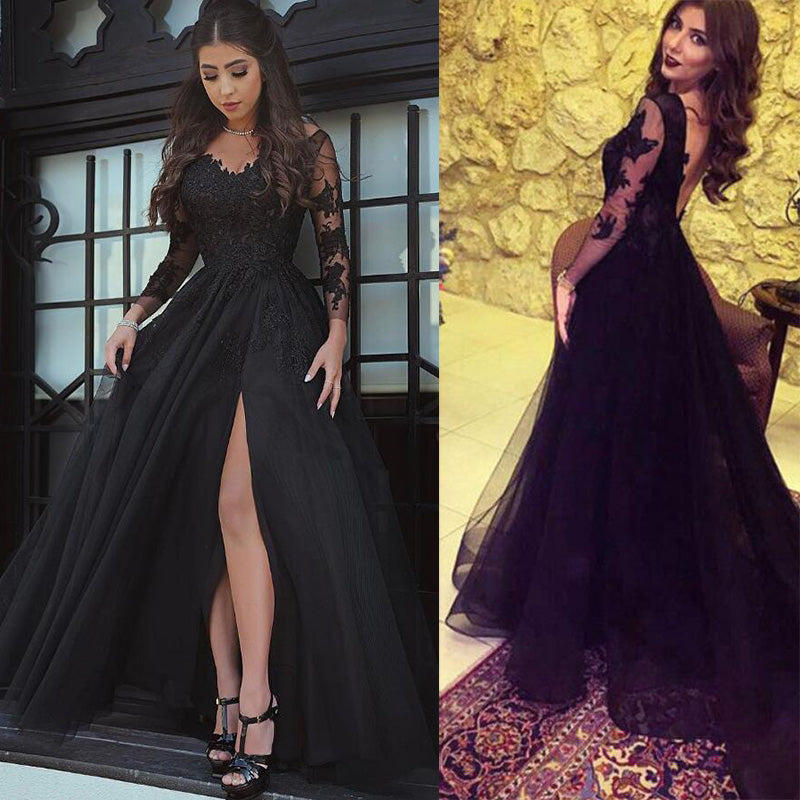 Black Lace Long Sleeves Prom Dresses with Sexy Split Evening Formal Go Siaoryne Black Lace Long Sleeves Prom Dresses with Sexy Split Evening Formal Go Siaoryne