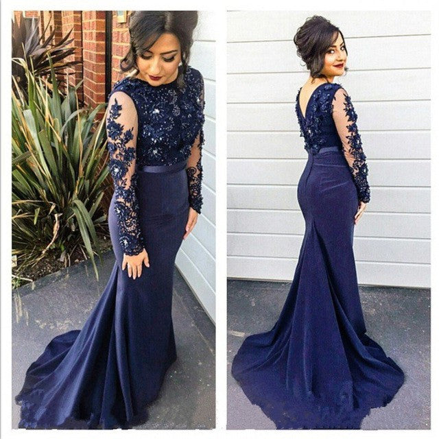 Siaoryne women Navy Blue Long Sleeves Mermaid Prom Dresses Lace Beadin Siaoryne women Navy Blue Long Sleeves Mermaid Prom Dresses Lace Beadin