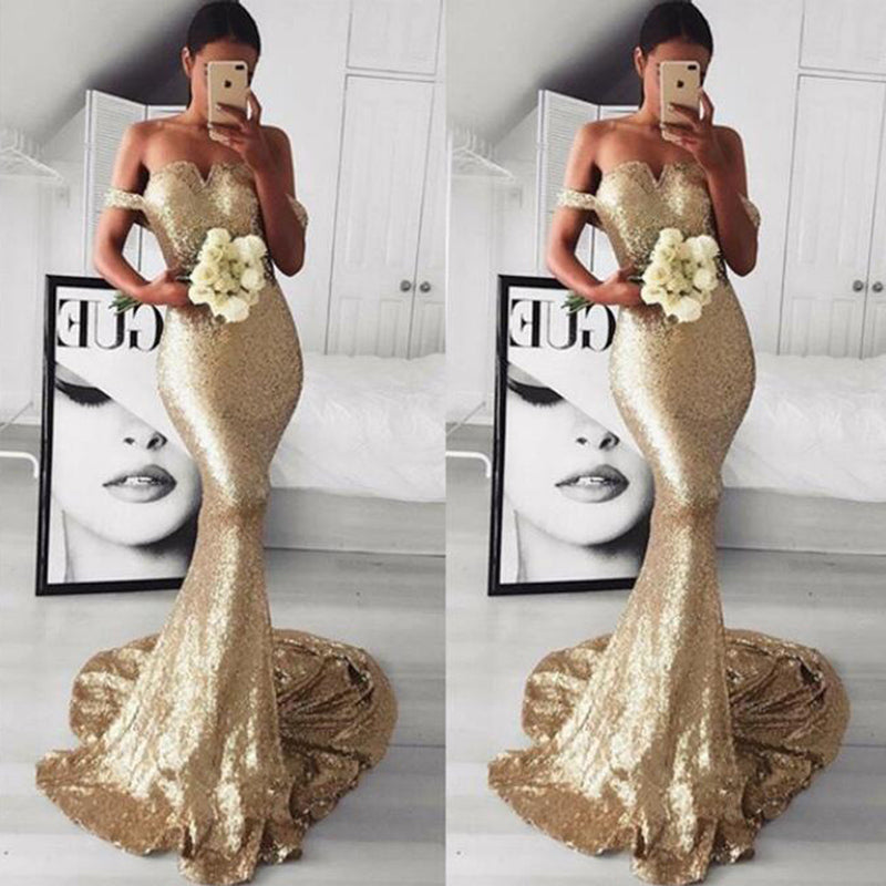 Champagne/Gold Sequins Prom Dress Off shoulder Evening Long Women Form Siaoryne Champagne/Gold Sequins Prom Dress Off shoulder Evening Long Women Form Siaoryne
