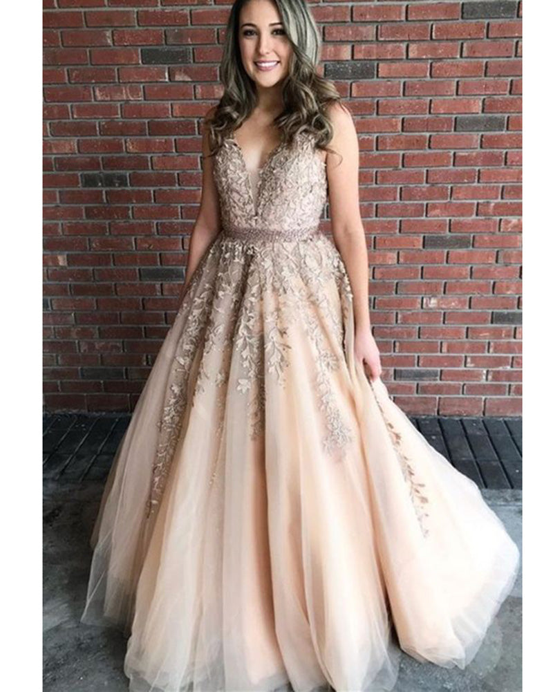 Dreamy Champagne Gold Lace V Neck Tulle Long Girls Senior Graduate Pro –  Siaoryne