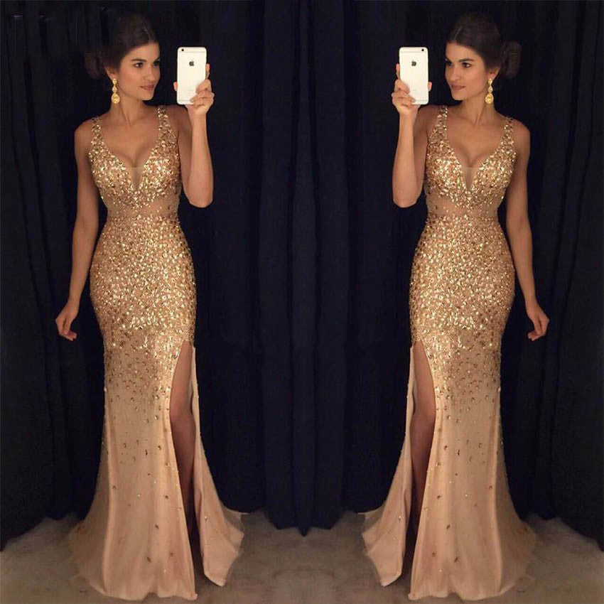 Robe de soirée de luxe en strass et cristal, style sirène sexy