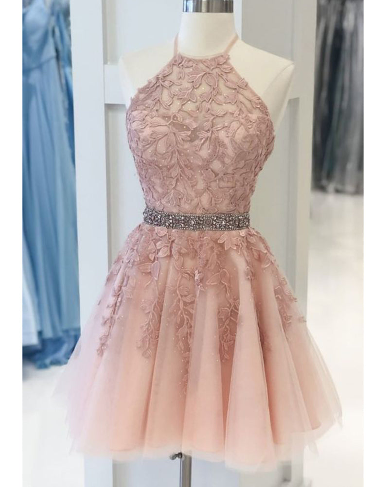 Halter Lace Blush Pink Homecoming Dress,Beading Semi Formal Cocktail D –  Siaoryne