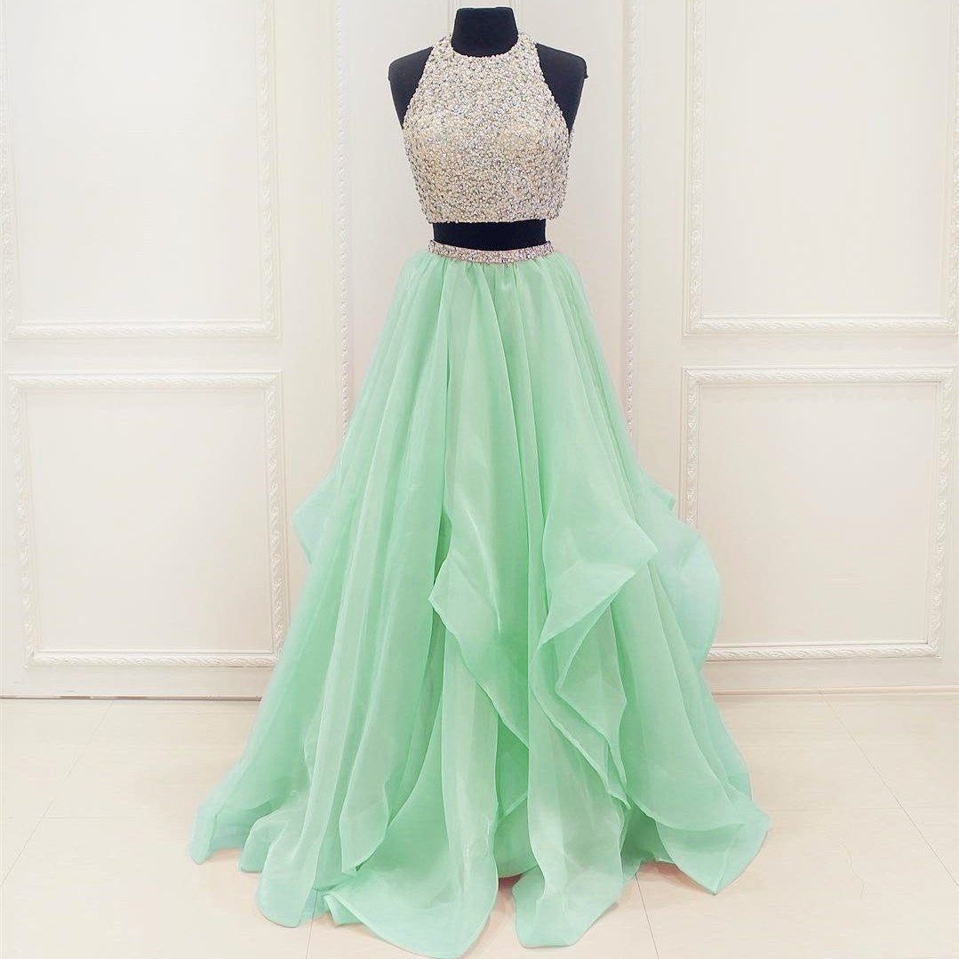 Siaoryne Halter Beading Crop Top Two Pieces Prom Dress formal gowns evening party dresses