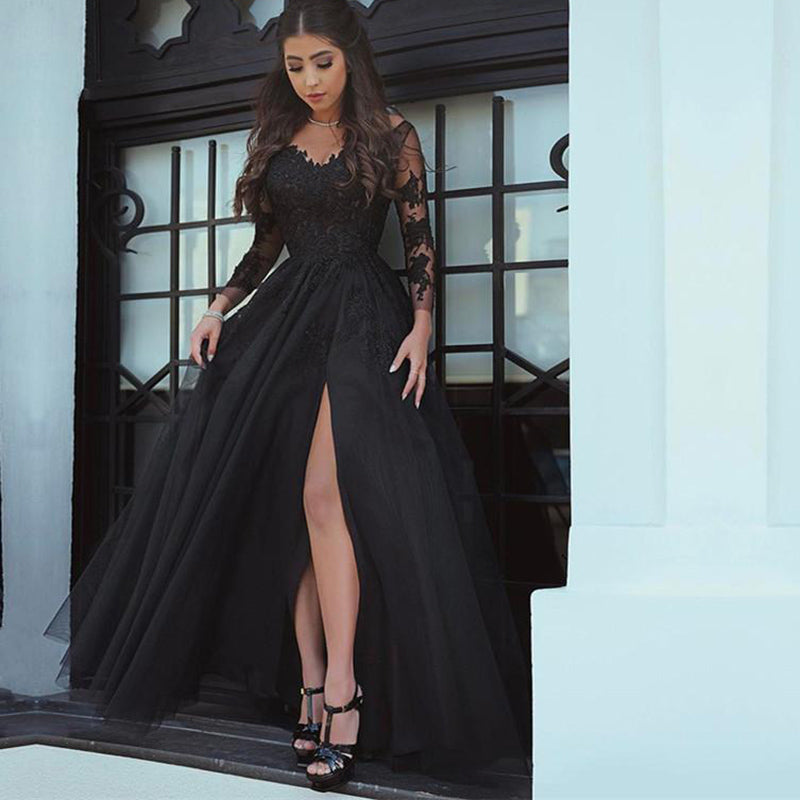 Impresionante vestido de noche de encaje negro, vestido de fiesta para mujer con abertura en la pierna, vestidos de gala