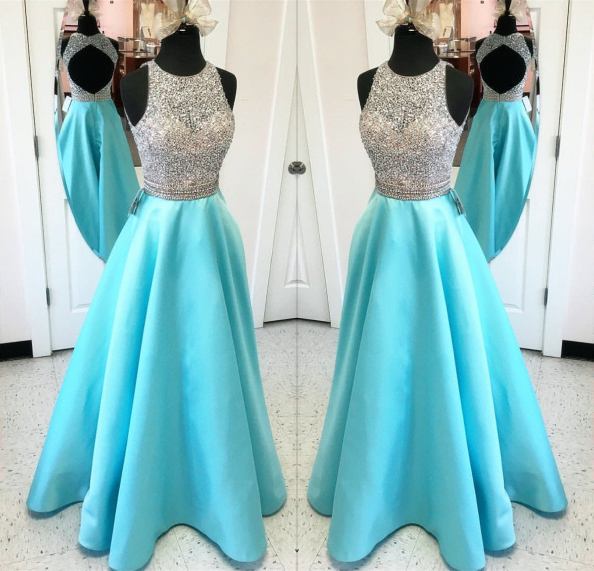 Siaoryne LP036 Escote redondo Línea A Abalorios Hasta el suelo Vestidos de fiesta baratos Largos Azules