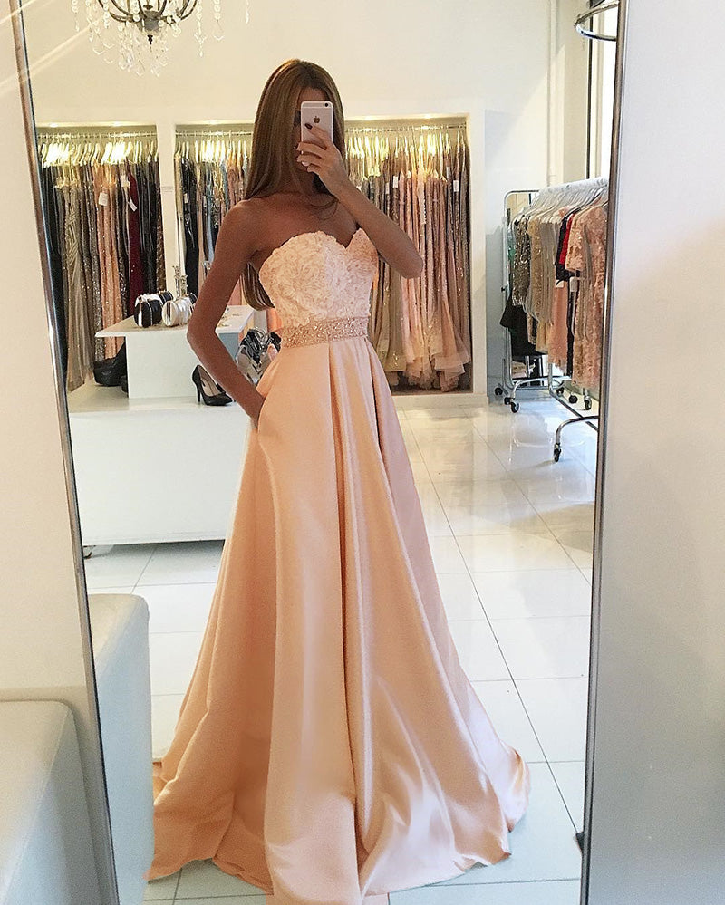 open lace back dress Beautiful Simple Pink Satin Long Prom Dress main image 0