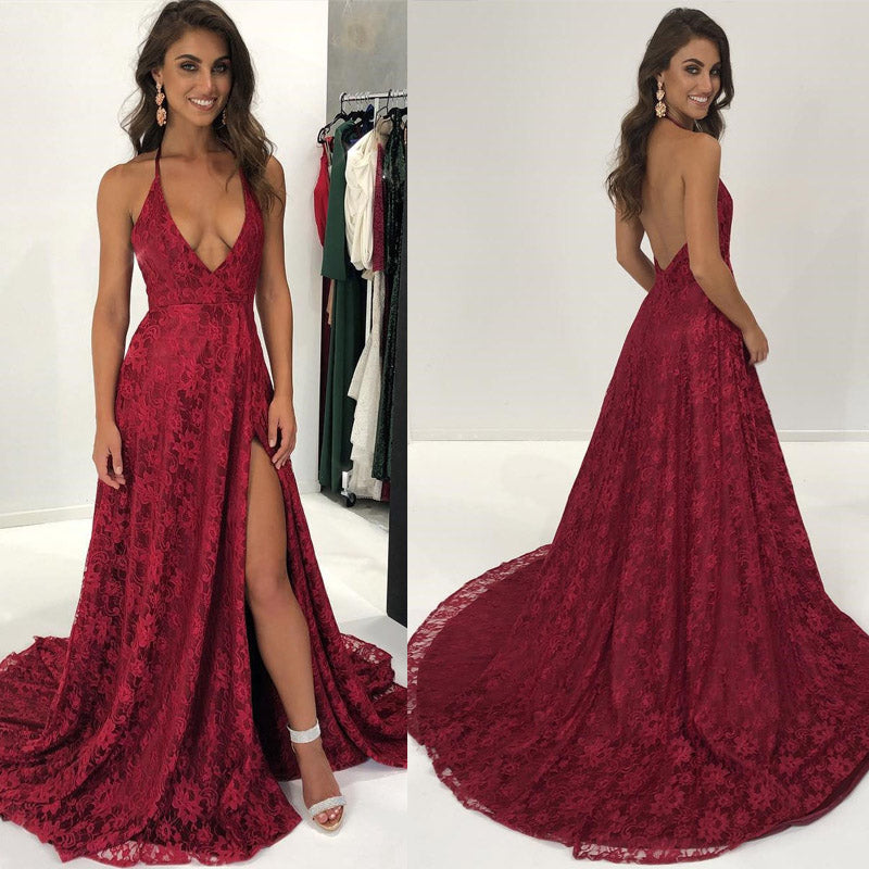 open lace back dress Sexy Halter Lace Dark Red Prom Dresses 2018 Women Formal Wear Custom m –  Siaoryne
