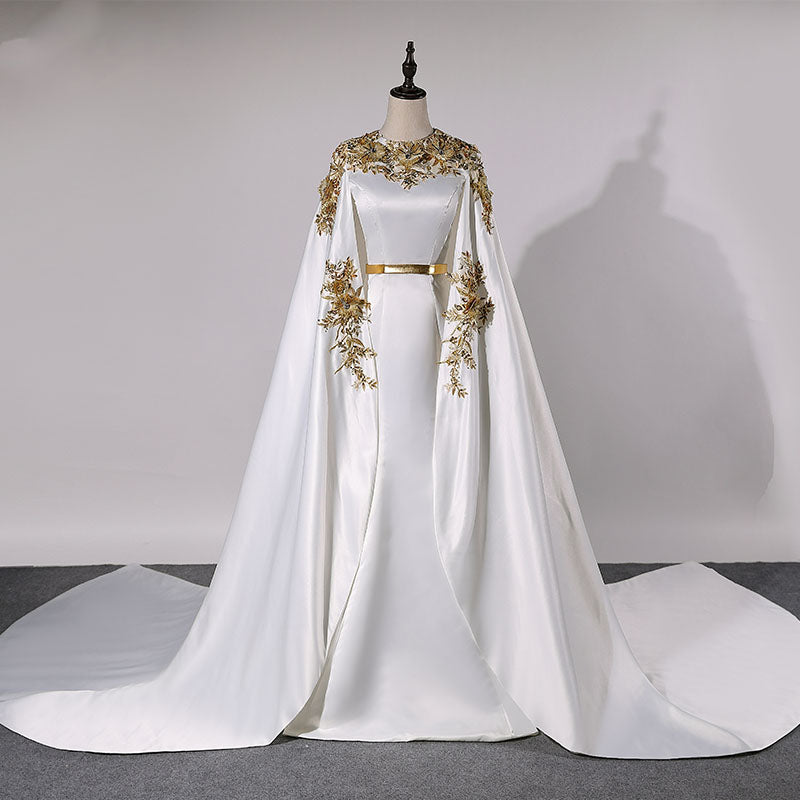 chinese dress ladies High Neck Long Sleeves Simple Satin Wedding Dress Muslim Arabic Gown –  TANYA BRIDAL main image 0