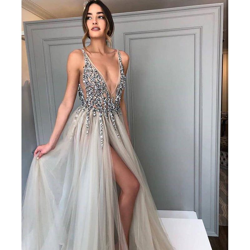 Robe de soirée à paillettes tendance pour femmes, ligne A, décolleté en V plongeant, robe de soirée fendue, LP7701