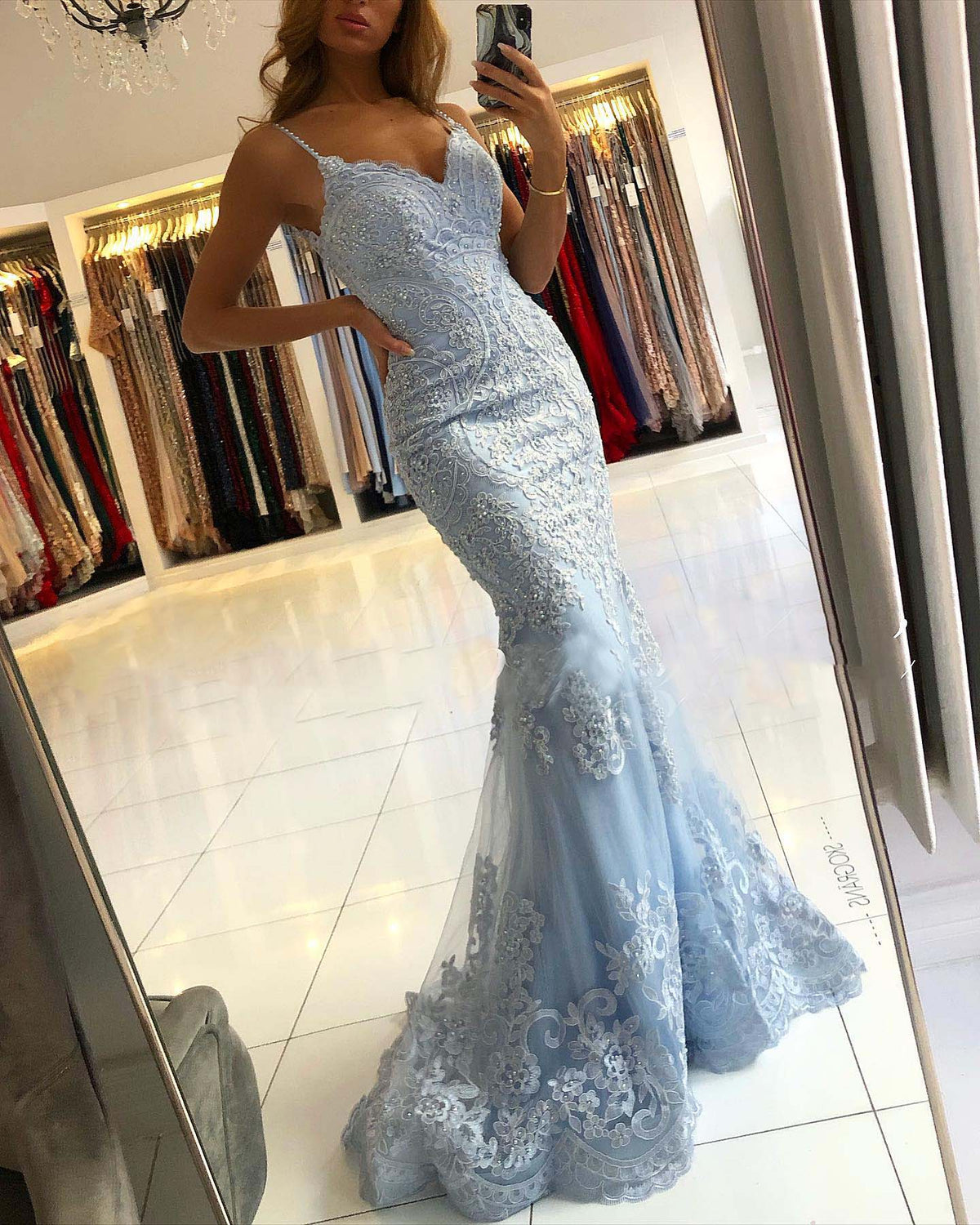 Vestidos de fiesta de sirena en azul cielo con encaje, vestido formal con pliegues y tirantes PL01109
