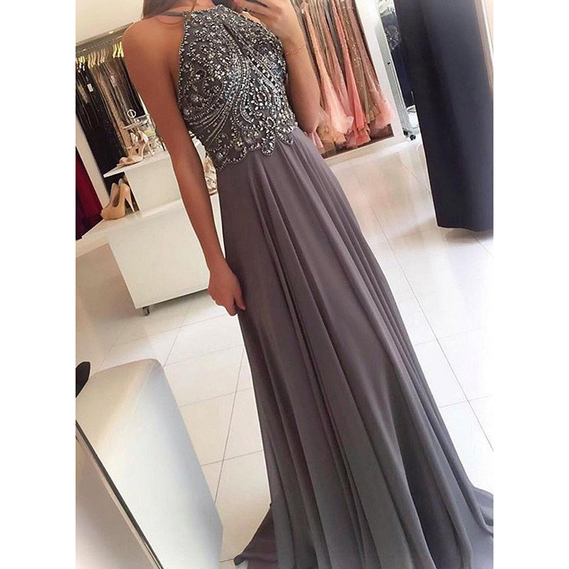 Vestidos de fiesta largos de gasa con cuello halter gris dramático con abalorios, vestido formal para la fiesta de bienvenida de las niñas