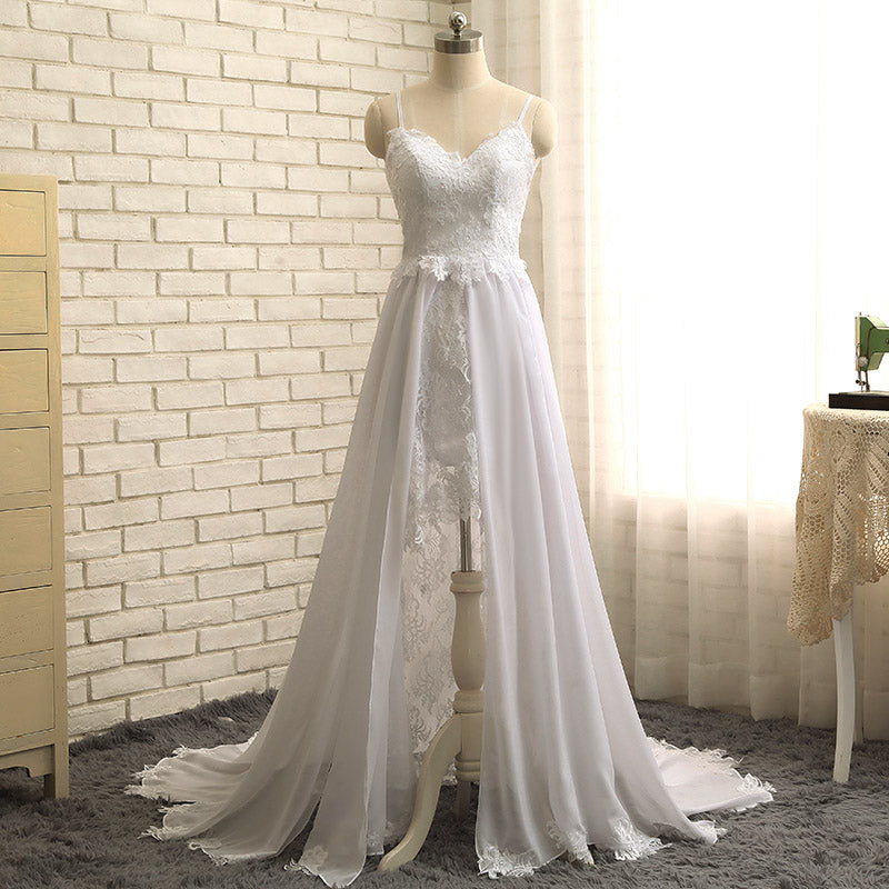 Gorgeous Lace Chiffon Bohemian Wedding Dress Spaghetti Beach Bridal Gown Slit Leg WD6615