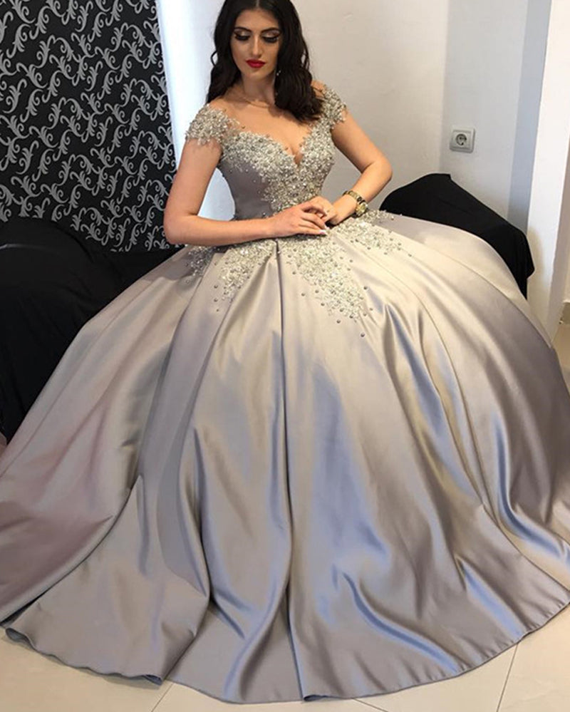 Nuevo vestido de fiesta de encaje con cuentas y cuello redondo, mangas cortas, de encaje, color gris, para fiesta de noche, vestido largo 2020