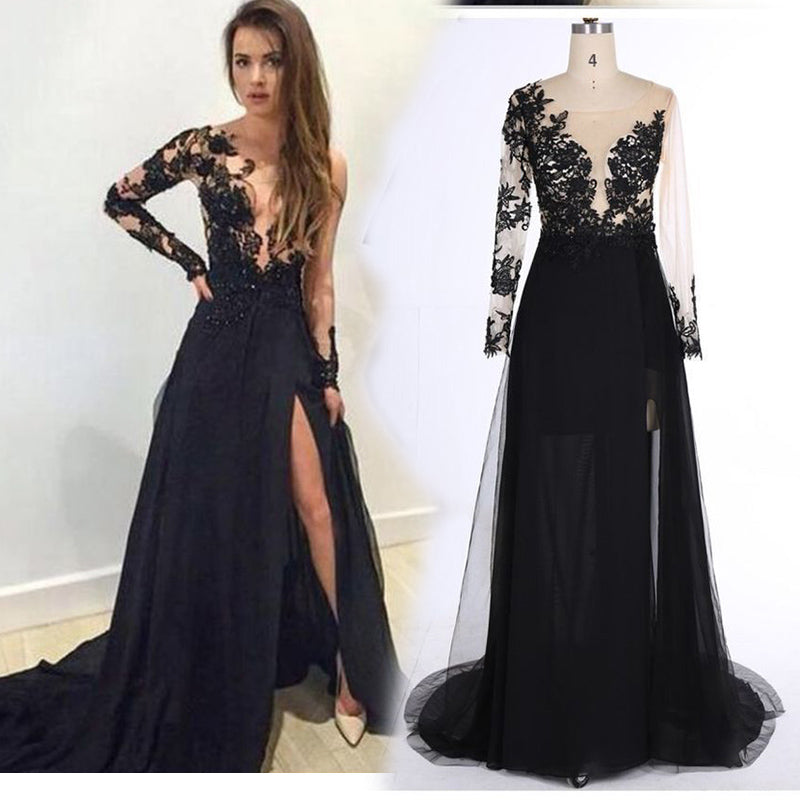 LP3380 Robe de soirée à manches longues en dentelle noire transparente Robe de bal sexy à fente 2022