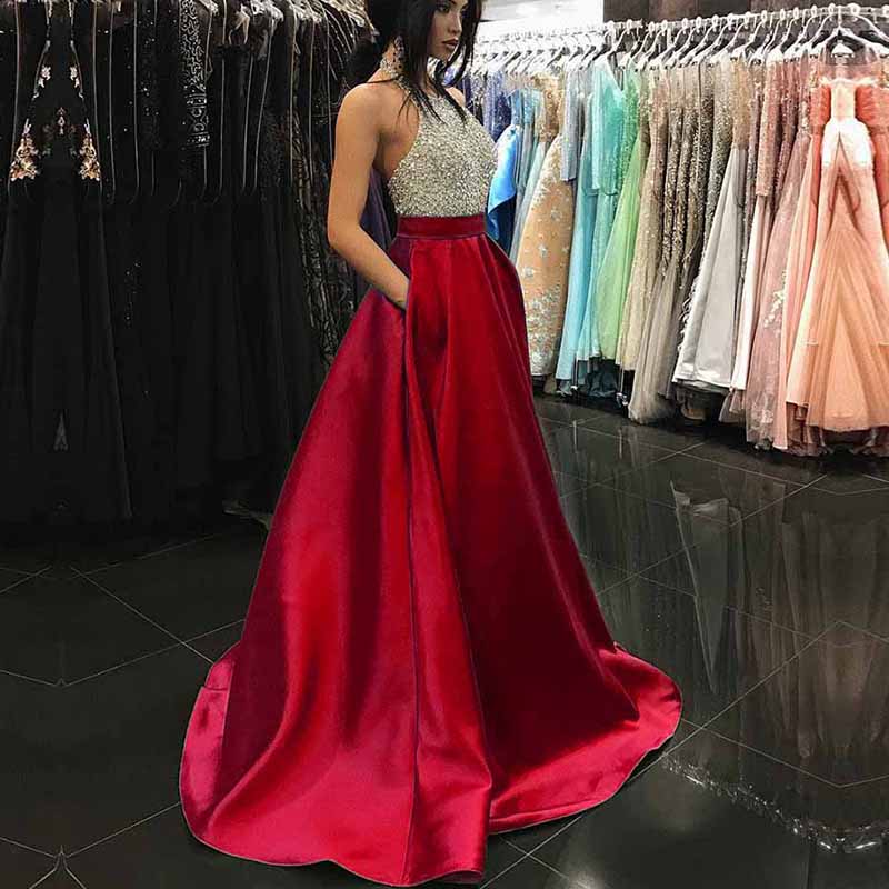 Sexy A Line Rhinestones Prom Dresses Halter Long Halter Satin Beaded Women Formal Evening Dress