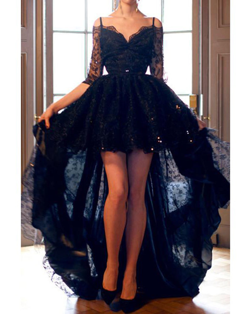 Evening Gown 2022 Long Sleeves Black Lace Prom Dress High Low Sexy Backless vestidos de gala