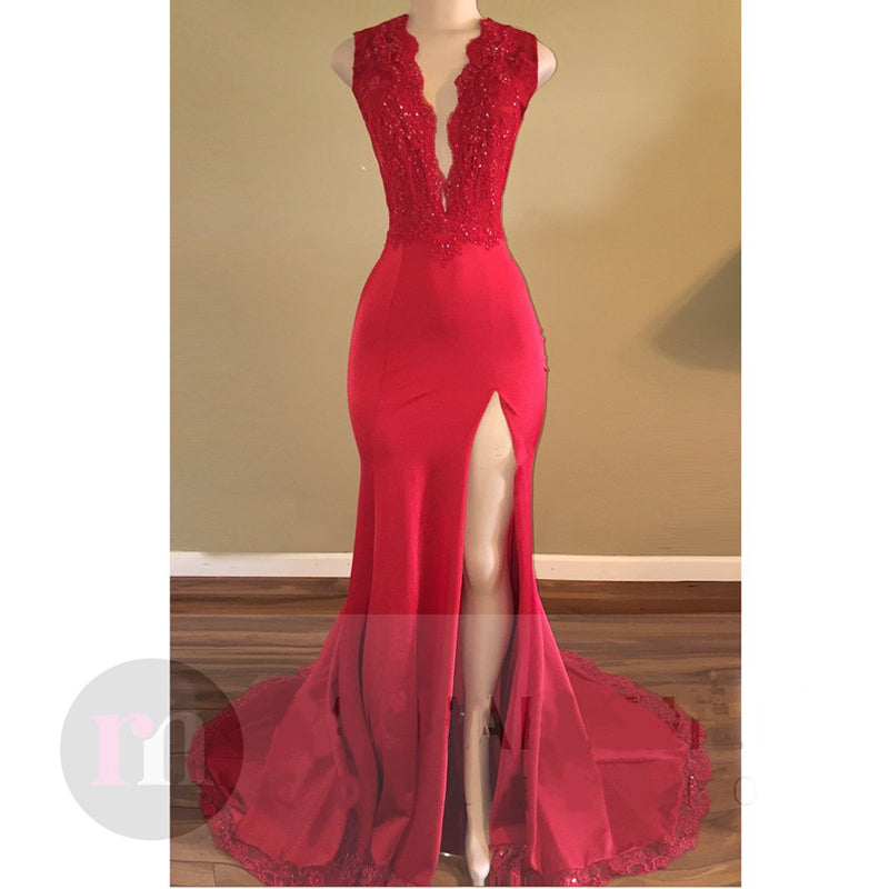 Vestido de fiesta largo ajustado con escote en V profundo en rojo 2022