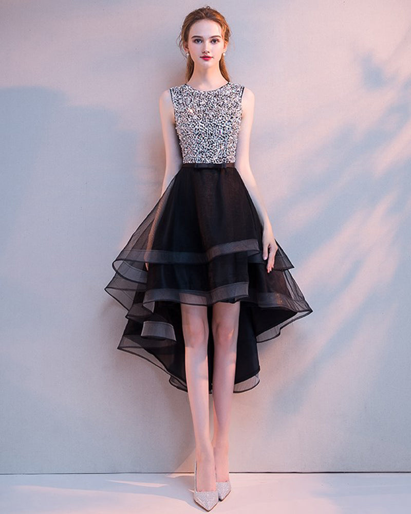 Scoop Neck High Low Prom Dress with Beading Girls Graduation Party Gown SP654