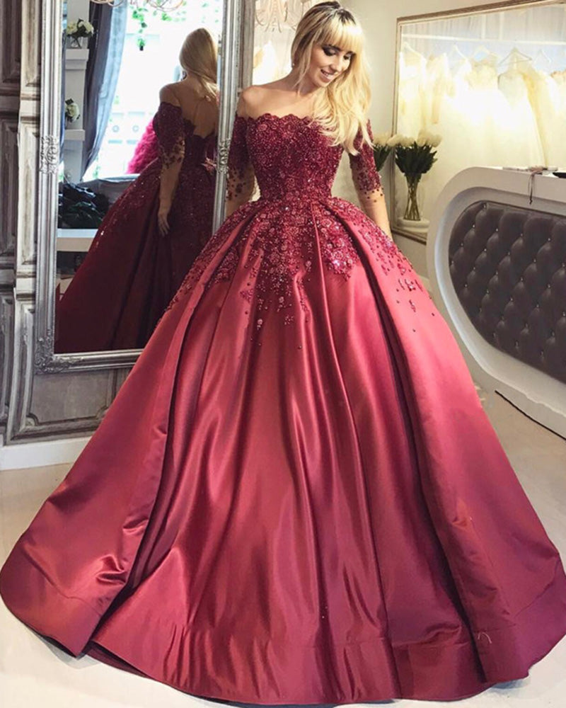Bungundy Quinceanera Dresses Ball Gown Long Half Sleeves Appliques Lace for Prom Sweet Sixteen 16 Dresses vestidos de 15 anos