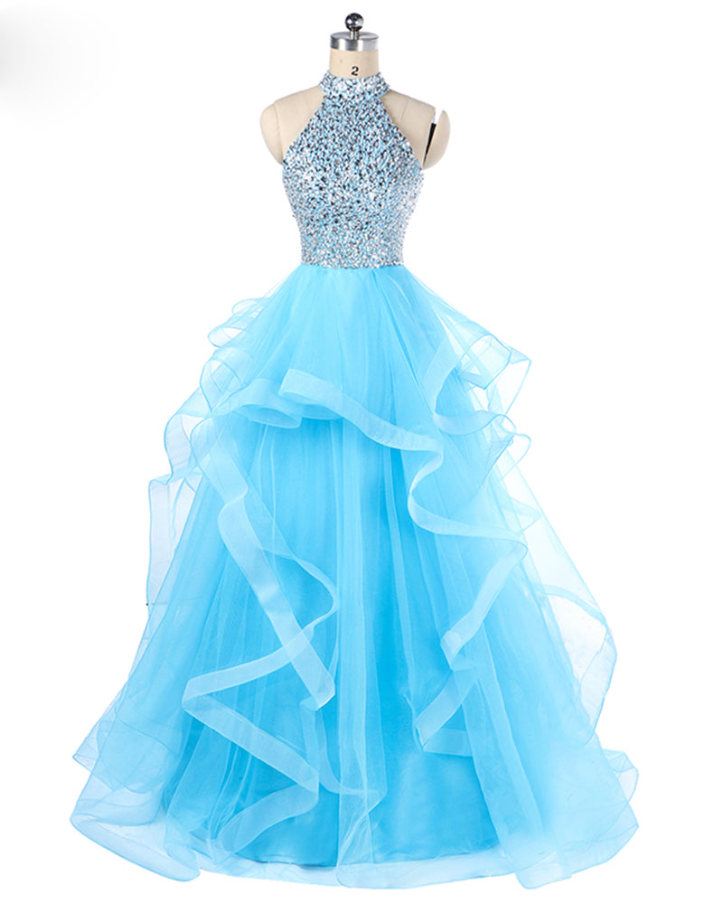 Aqua Blue Halter High Neck Princess Prom Dress Ball Gown Girls Sweet 1 Siaoryne Aqua Blue Halter High Neck Princess Prom Dress Ball Gown Girls Sweet 1 Siaoryne