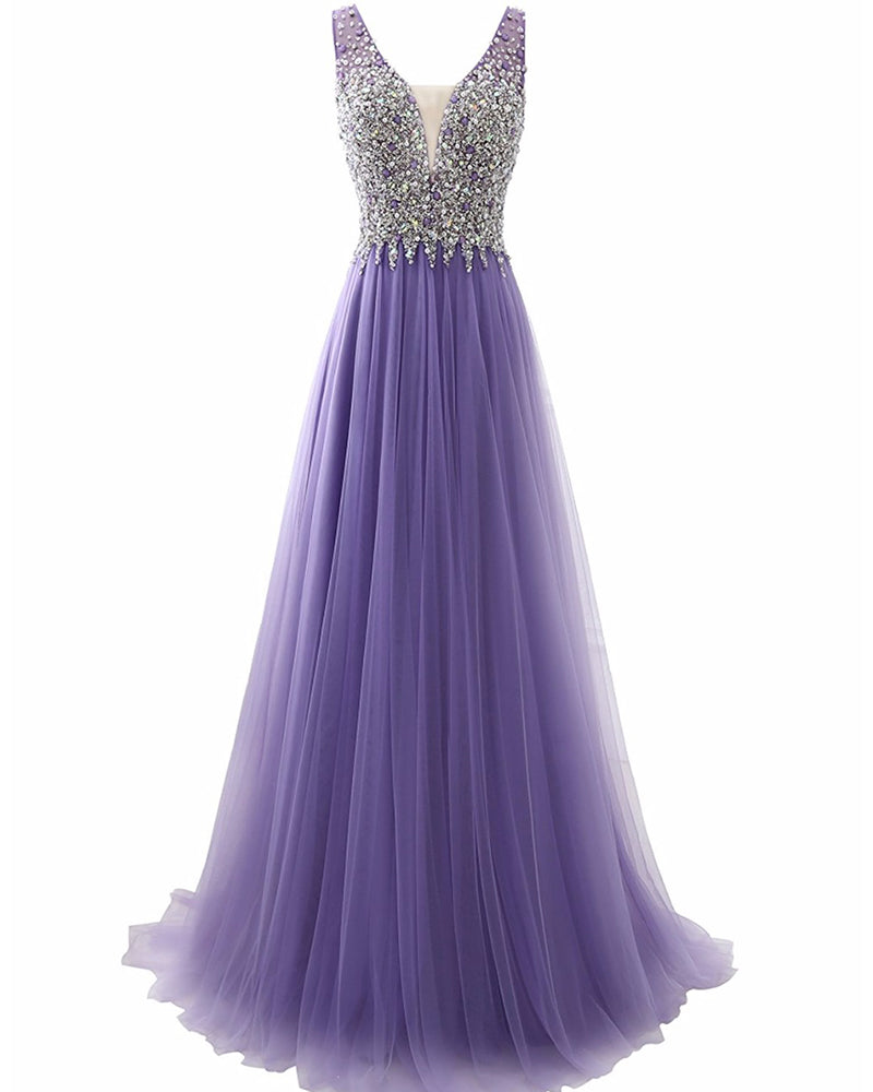 Vestidos de fiesta formales de color lavanda con corte en A y cuentas para niñas LP884