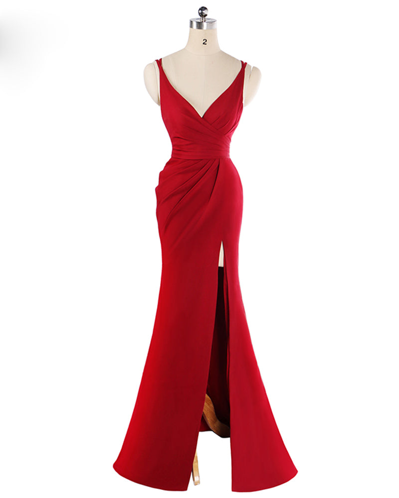 Robe de soirée rouge ajustée à bretelles spaghetti avec robe longue fendue sexy