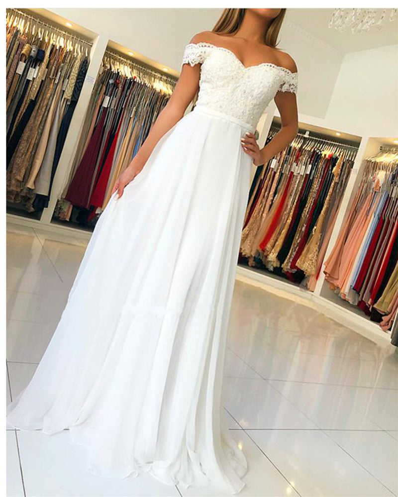 Elegantes vestidos de fiesta de graduación de gasa y encaje blanco/marfil con vestido formal de encaje en la parte superior