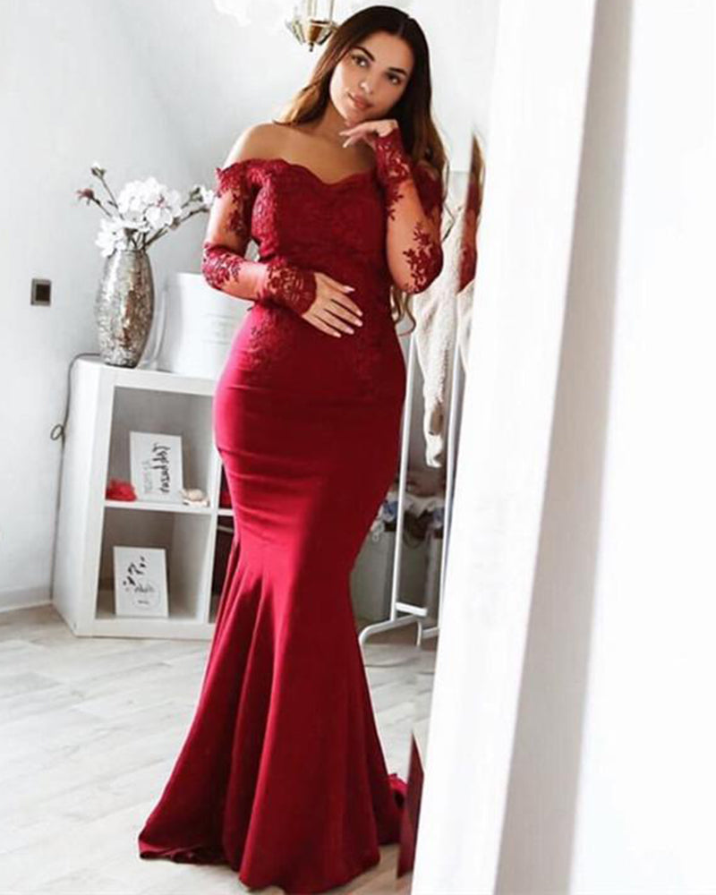 Wine Red /Black Long Sleeves Prom Dress Women Formal Party Gown for Ev Siaoryne Wine Red /Black Long Sleeves Prom Dress Women Formal Party Gown for Ev Siaoryne