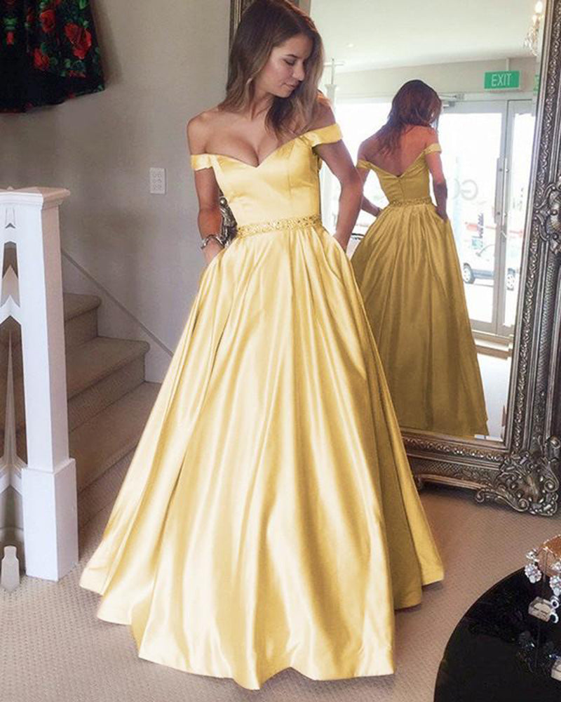 Nuevos vestidos de fiesta amarillos largos 2019 de satén de línea A para niñas, vestidos de fiesta formales de graduación con cinturón de cuentas