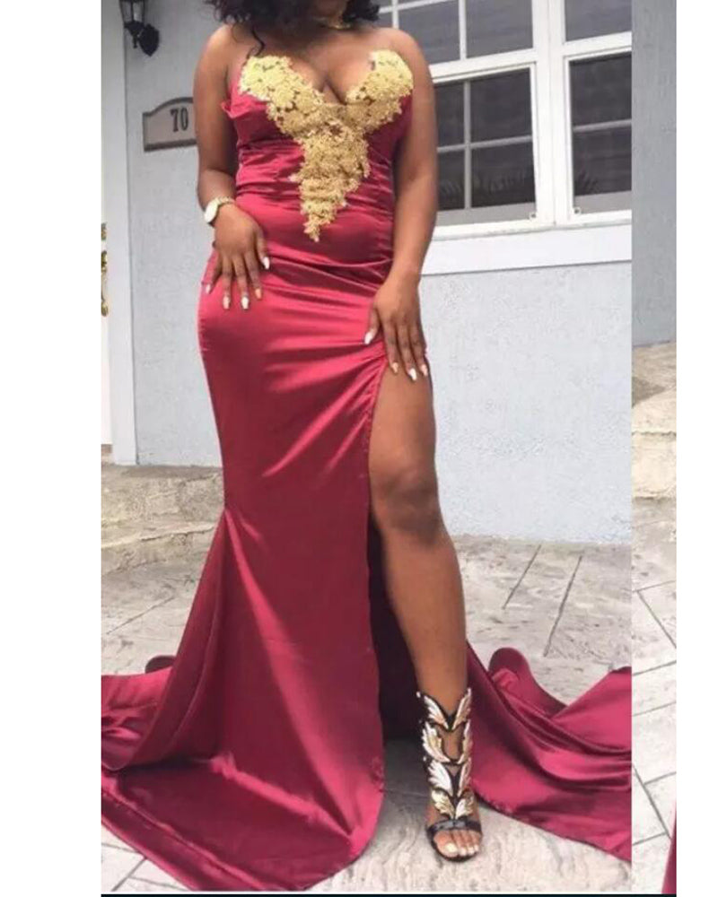 Mermaid Burgundy Prom Dress with Gold Lace Sexy Slit African Girls Eve Siaoryne Mermaid Burgundy Prom Dress with Gold Lace Sexy Slit African Girls Eve Siaoryne