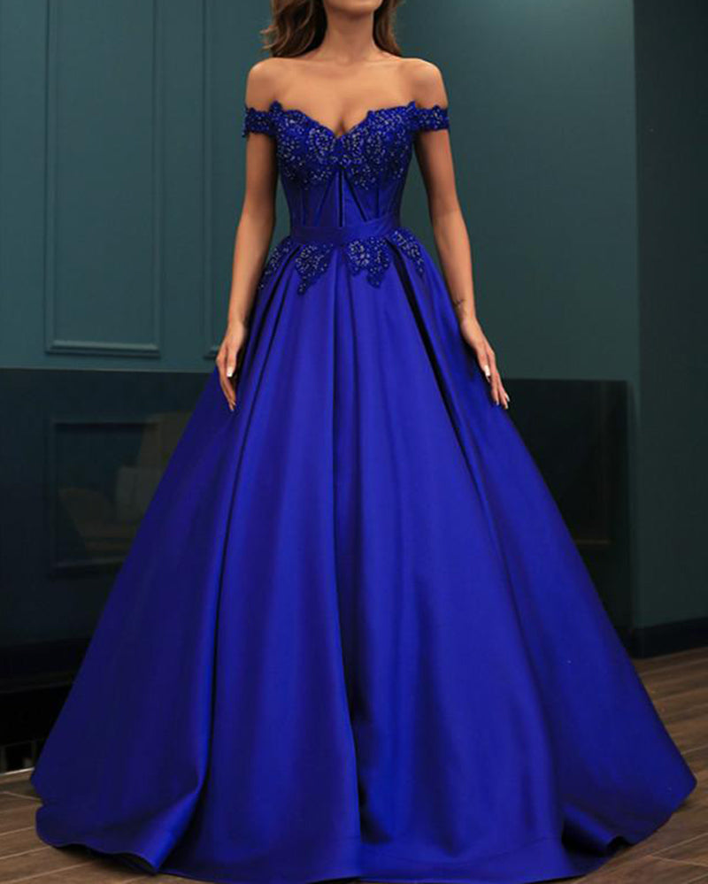 strapless open back dress Royal Blue Satin lace Beaded Women Prom Evening Dress Engagement Forma –  Siaoryne