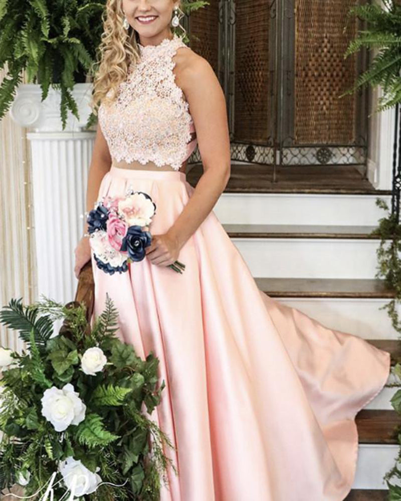 Pink Halter Two Pieces Prom Dress Girls Long Party Formal Gown