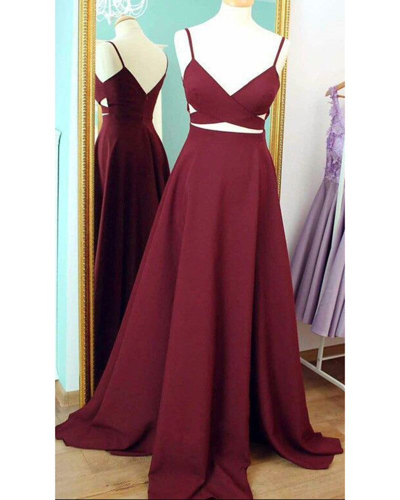 Vestidos de fiesta formales de noche con tirantes finos largos y elegantes en color burdeos 2020