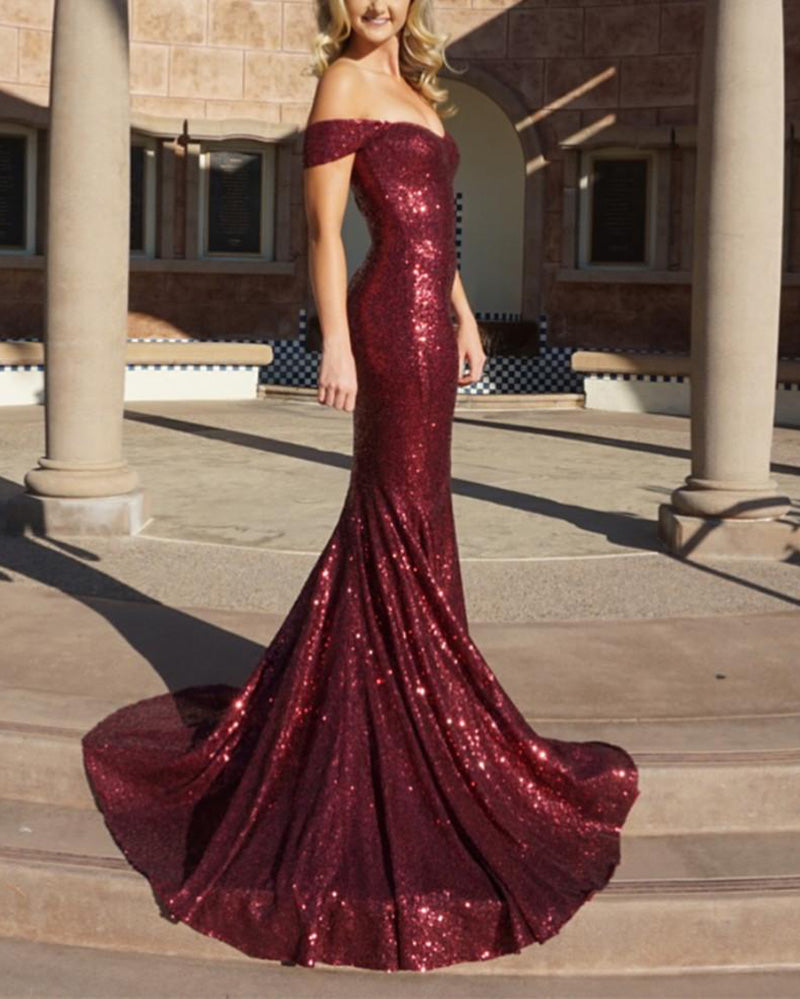 Bling Bling Sequins Burgundy Red Off the Shoulder Fitted Evening Dress Siaoryne Bling Bling Sequins Burgundy Red Off the Shoulder Fitted Evening Dress Siaoryne