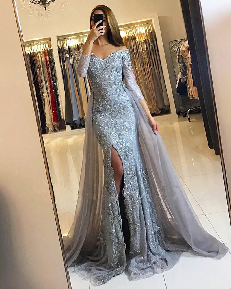 Elegante vestido de fiesta de sirena con encaje, mangas largas, abertura sexy, vestido de noche largo con cola desmontable, hombros descubiertos, vestido formal