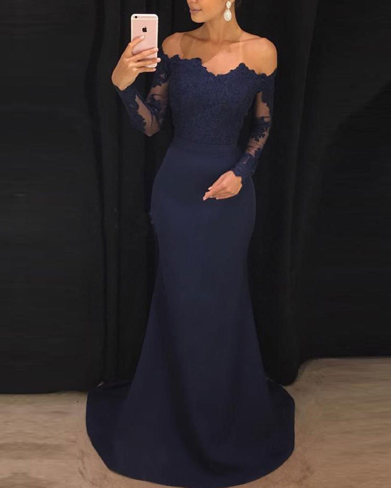 Elegant Fitted Long Sleeves Evening Gown lace Appliqued Navy Prom Dres Siaoryne Elegant Fitted Long Sleeves Evening Gown lace Appliqued Navy Prom Dres Siaoryne