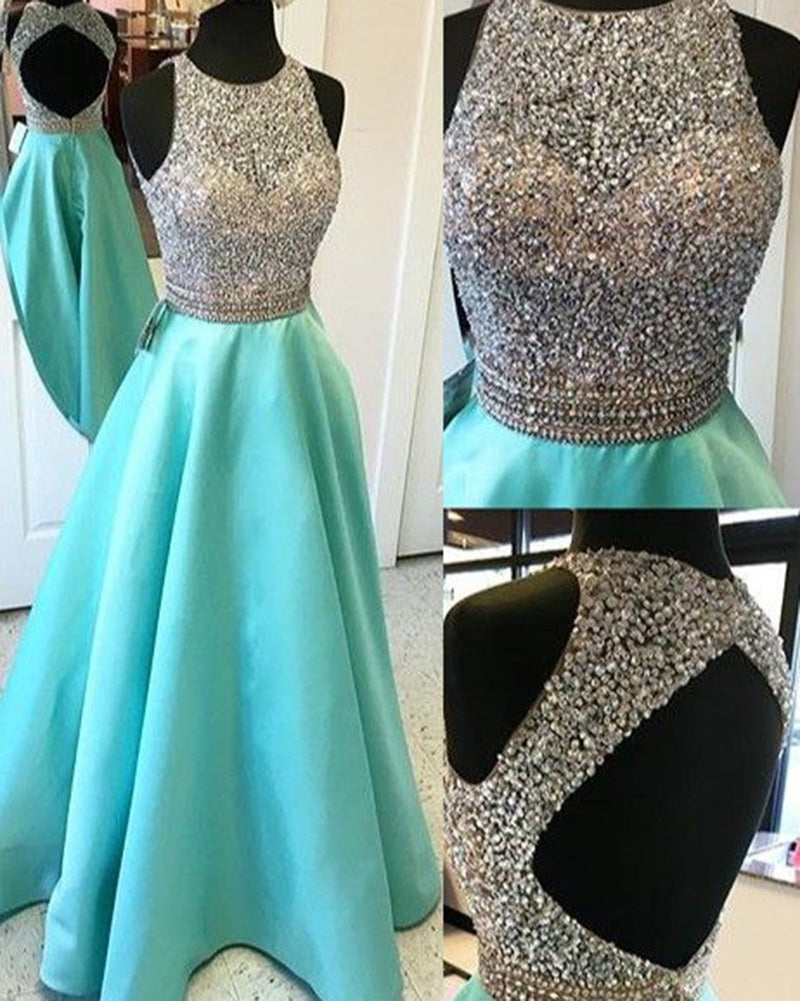 Elegante vestido de fiesta largo azul agua con escote redondo y cuentas de diamantes de imitación en la espalda para niñas