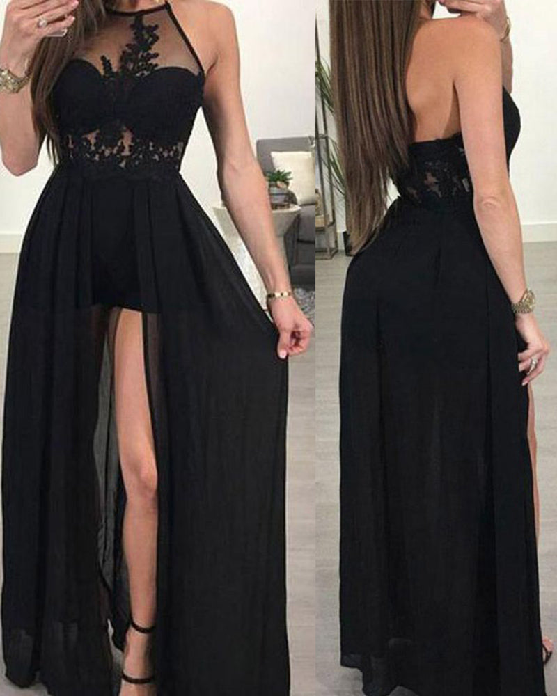 Robe de bal longue noire en mousseline de soie avec appliques en dentelle et col licou PL1201